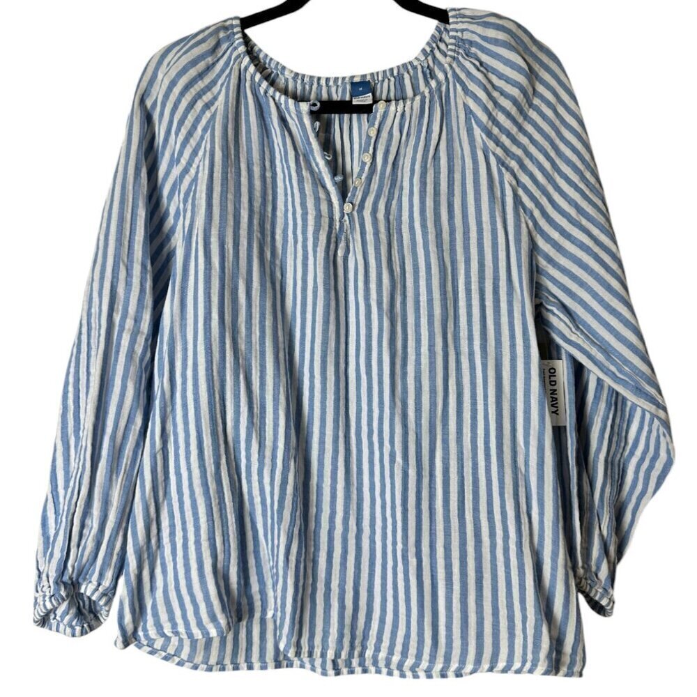 NWT OLD NAVY Linen Blend Striped Button Neck Top Blouse Size Medium